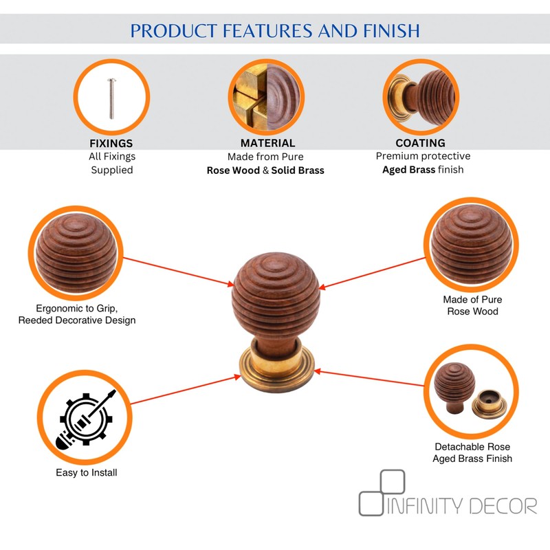 Infinity Decor Traditional Rosewood Preston Reeded Beehive Wooden Cupboard Knob