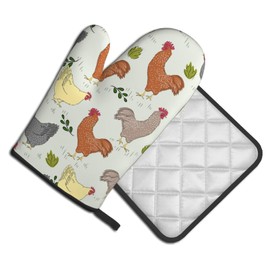 Rooster Pattern Oven Mitts and Pot HoldersSets of 2，Heat Resistant Microwave Gloves Non-Slip Pot Pads Set for Kitchen Cooking Baking Grilling BBQ