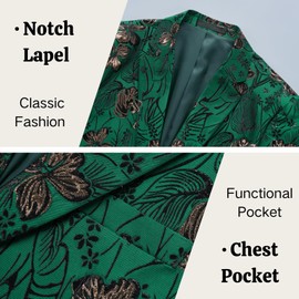 UNINUKOO Mens Floral Tuxedo Suit Jacket Casual Dress Party Flower Pattern Blazer for Men US Size 44 Green Gold