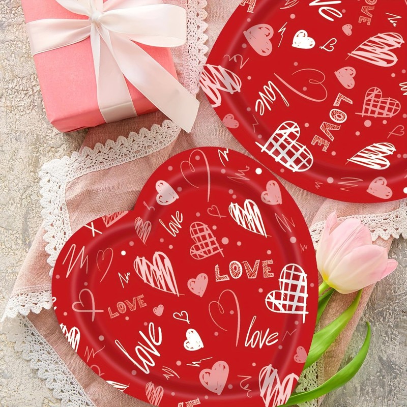 Happy Valentines Day Paper Plates Red Heart Love Shape Disposable