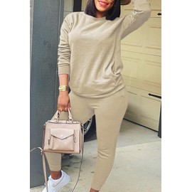 Fixmatti Women Sweatsuit Solid Color 2 Piece Outfit Long Sleeve Crew Neck Top Long Pant Set Tracksuit Khaki 2XL