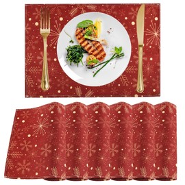 Christmas Place Mats Gold, FainFun Set of 6 Place Mats Christmas Washable Gold, Christmas Napkins Fabric Red, Christmas Napkins Red Gold, for Dining Table Jute, Table Decoration