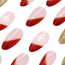 Christmas Press on Nails Medium Almond Fake Nails with Snowflake Designs Red French Tip Acrylic Nails Glossy Glue on Nails Golden Glitter False Nails Nude Stick on Nails for Women 24 Pcs