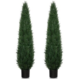 LIETENACO 5FT Artificial Cedar Topiary Trees, 2 Pack UV Resistant Outdoor Indoor Faux Evergreen Shrubs, Potted Fake Cypress Plants for Front Porch Home Office Decor
