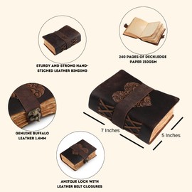 Fausta Beautiful Heart Embossed Vintage Leather Journal with Antique Brass Lock Belt 240 Pages 7" x 5" Writing Leather Journal/Notebook, Deckle Edge Cotton Paper Diary, Sketchbook for Drawing, Brown