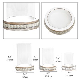 SWALLOWLIVING Glass Hurricane Candle Holders for Pillar Candles - Farmhouse Rustic Distressed White, Set of 3 with Wood Beaded Base