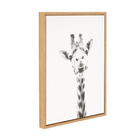 Kate and Laurel - Sylvie Giraffe Animal Print Black and White Portrait Framed Canvas Wall Art by Simon Te Tai, Natural 18x24