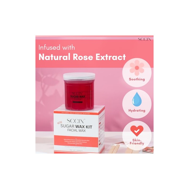 Natural Rose Extract Sugar Wax Hair Removal Kit 450g, 20