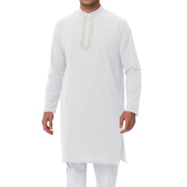 NANAMEEI Mens Kaftan Thobe Long Sleeve Robe Button Down Gown Shirts Cotton Linen Thobe,White,XL