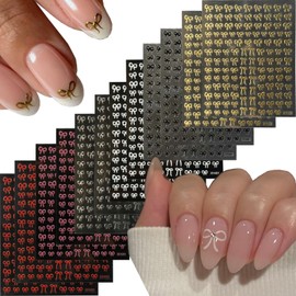 12 Sheets Bow Nail Art Stickers Decals Cute Pink Gold Red White Silver Nail Art Decals 3D Self Adhesive Manicure Decoration for Women DIY