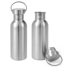 Volhoply 22oz Stainless Steel Single Walled Water Bottle with Handle 2 Pack, Dishwasher Safe No Plastic 18/8 304 Metal Water Bottles for Camping, Hikers, Cyclists with Wide Mouth