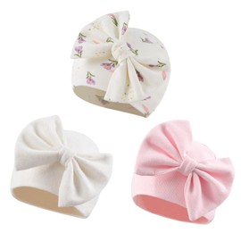 XIAOHAWANG Baby Hat Newborn 0-6 Months Cotton Newborn Hat with Bow Hat Baby Girl First Hat Thick Hat Baby Boys for Autumn, Winter, White + pink + purple flowers, 0-6 months