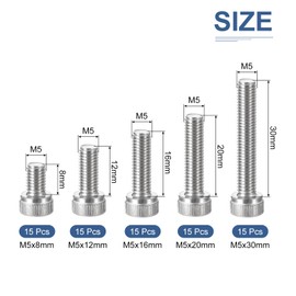 DTGN Metric Thread Assortment 75pcs M5 Bolt and Nut Kit 304 Stainless Steel M5x8/12/16/20/30mm Hex Socket Head Cap Screw Bolt Set