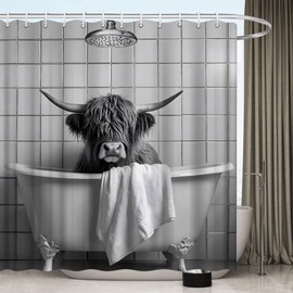 Highland Cow Shower Curtain Funny Bull Take Bath Cattle Bathtub Bathroom Grey Humorous Animal Farmhouse Country Style Bath Decor Polyester Fabric Curtains 70X70 Inch