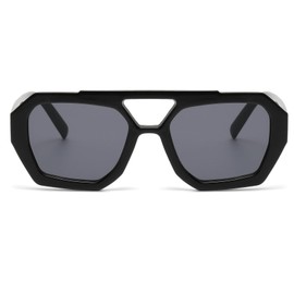 Long Keeper Retro Pilot 70s Sunglasses for Women Men square Thick Frame Trendy Hexagonal Double Bridge Sun Glasses (Black Black)