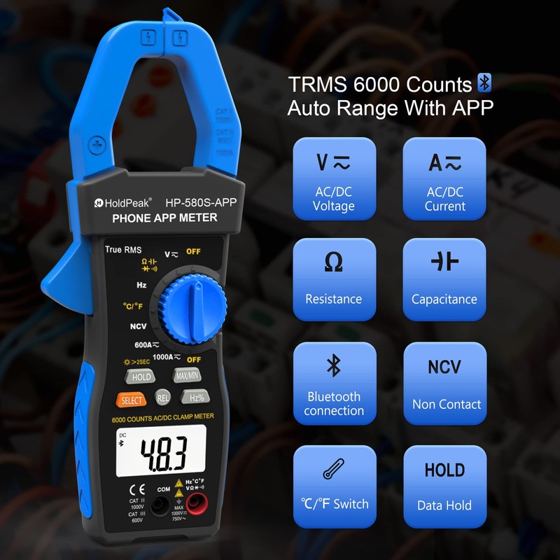 H HOLDPEAK Digital Multimeter 580S-APP, Bluetooth Clamp Meter 6000 Meter