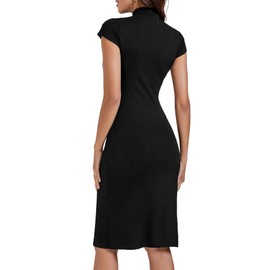 Umenlele Women’s Elegant Mock Neck Short Sleeve Ribbed Bodycon Sheath Pencil Midi Dress Black# Small
