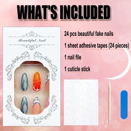 French Tips Press on Nails Medium Length 3D Orange Lemon Design Fake Nails Almond Shape Glue on Nails Summer Fruit Acrylic Full Cover False Nails Artificial Stick on Nails for Women Girls 24Pcs