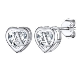 Silvora Letter Earrings 925 Silver Letter Stud Earrings with Zirconia Heart A-Z Initial Alphabet Earrings Women's Real Silver Stud Earrings Letter Piercing Ear Jewellery for Birthday Christmas,