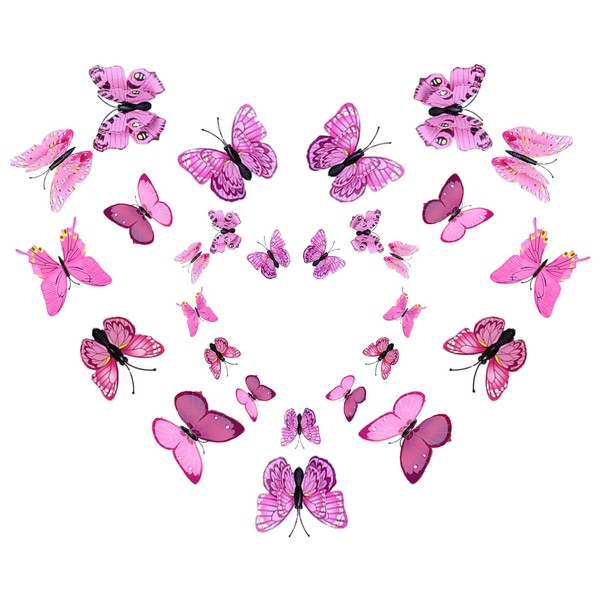 Pack of 24 3D Butterflies Decorative Butterfly Wall Decoration 3D Butterfly Stickers Decorations (Pink)