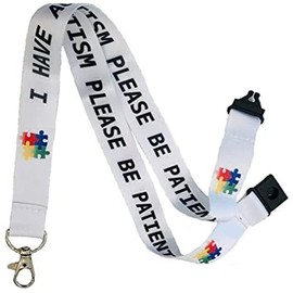 PAC Supplies Global Autism Awareness - Please Be Patient i Have Autism - Neck Lanyard With Safety Break Away - Child & Adult Size (Adult Size) (White)