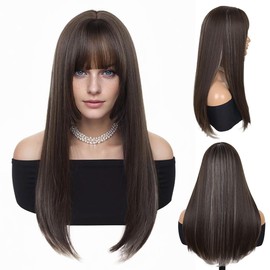 GNIMEGIL 26 Inch Long Brown Wigs for Women Silky Straight Natural Remy Hair Wig with Bangs Highlights Blonde White Heat Resistant Synthetic Fiber Glueless Roleplay Cosplay Costume