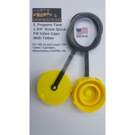 Hart's Hearth & Homestead Propane Tank 1-3/4" Fill Valve Caps W/Plastic Tether; Forklift, 100#+ Tanks, RVs, 2 Pack, Made in USA