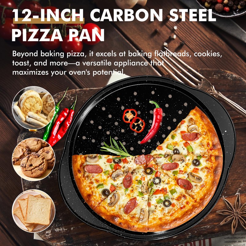 tchrules 2 Pack Pizza Pan 12 Inch with Holes&Handle, Non-Stick