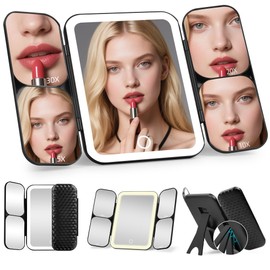 saiggnyy 5-in-1 Led Vanity Makeup Mirror,1X for Full Face Makeup & 5x/10x/20x/30x Times Magnification for Close-up Makeup, Travel Magnifying Mirror with Light, Trifold Mirrors with Stand (Cool Black)