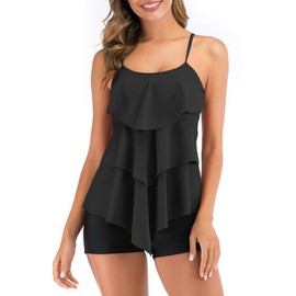 FLYILY Women 2 Piece Tankini Swimsuits Flounce Printed Top with Boyshorts Plus Size Swimwear Bathing Suit, Black, XX-Large