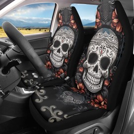 Rucaresri Gothic Sugar Skull Flower 2pcs Car Seat Covers Set Vehicle Front Seat Protector Auto Interior Accessories Protetors Car Mat Covers Universal Fit Most Car SUV Van Truck