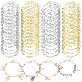 Wanmu 50 Pack Charm Bracelet Chain Bulk Gold Paperclip Chain Plated Stainless Steel Paperclip Chains Bracelets, 6.5 Inch Charm Bracelet with Lobster Clasps for Women DIY Jewelry Making(Gold, Silver)