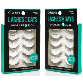 Cosmania Lashes for Days False Eyelashes (So Natural) - Easy to Apply, Natural Looking | Noticeably Fuller Looking Lashes | Adhesive Included | Cruelty Free (5 Pack/2 Pair - Black)