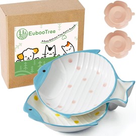 EubooTree Ceramic Cat Bowl Set of 2, Shallow Wide, Whisker Friendly, Cute Fish Cat Dish for Dry Wet Food, Nonslip, Ant Whisker Fatigue Cat Food Bowl for Indoor Cats, Pink/Yellow