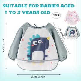 Pack of 2 Bibs with Sleeves, Baby Bibs with Sleeves, Washable Bibs with Sleeves, Waterproof and Easy to Clean & Machine Washable, for Babies Aged 1-2 Years, Green, Pink