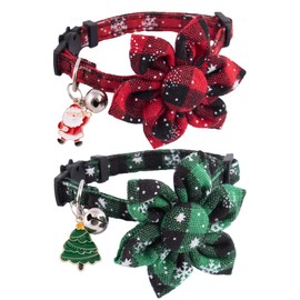 PTDECOR Christmas Cat Collars with Flower, Plaid Flower Cat Christmas Collar with Bell, Christmas Kitten Collar Breakaway, Red Green Plaid Xmas Cat Flower Collars for Cats Kittens (Christmas Floral)