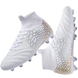 DGJG Kids Soccer Cleats for Boys Girls Lightweight Training Football Cleats Youth High-top Soccer Shoes Non-Slip Futsal, White/Gold/Silver, 3 Little Kid
