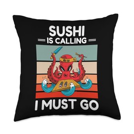 Vintage Octopus Sushi Is Calling I Must Go Sushi Lover Throw Pillow, 18x18, Multicolor