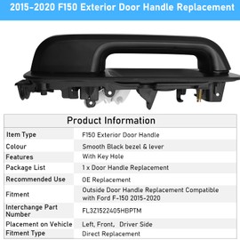 Moonlinks Compatible con manija de puerta Ford F150, 2015-2020 F150 delantero izquierdo lado del conductor, tirador de puerta exterior F150 de repuesto con agujero para llave, negro liso (14603639/FL3Z1522405HBPTM)