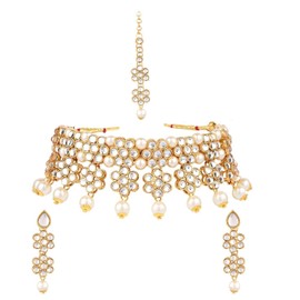 Efulgenz Conjunto de gargantilla india de cristal Kundan con diseño floral de Maang Tikka con cadena de cabeza de Bollywood para boda dorado
