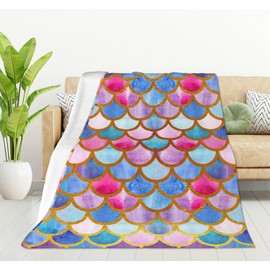 HGOD DESIGNS Mermaid Scales Blanket,Watercolor Fish Scales Decor Blankets Soft Warm Throw for Women Birthday, Home Living Room Decoration 100x130cm