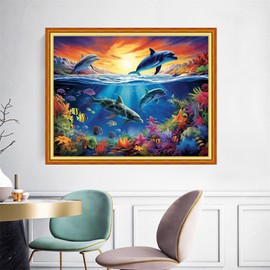 Joyhoor Cross Stitch Kits for Beginners Stamped Cross-Stitch Supplies Needlework preprint Embroidery Kits for Adults DIY Needlepoint Kits Embroidery Patterns 11CT-Underwater World 16x20 inchs