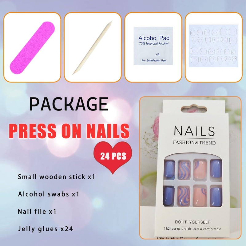 TUZANDW Short Square Blue Ripple Design Acrylic False Nails, 24