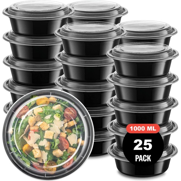AKOLAFE Pack of 25 Meal Prep Containers, 1000 ml, Round