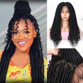 Lady Miranda Goddess Faux Locs Wig Full Lace Front Dreadlock Wig with Baby Hair Faux Locs Wigs for Black Women Synthetic Dreadlock Wigs for Black Women Goddess Locs Braided Lace Front Wigs