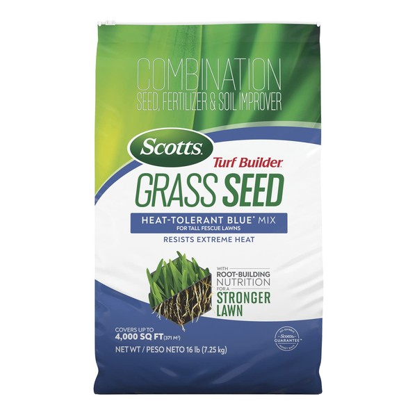 Scotts Turf Builder Grass Seed Heat-Tolerant Blue Mix for Tall Fescue Lawns with Fertilizer and Soil Improver, 16 lbs.