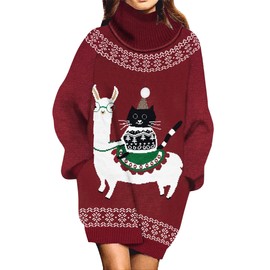 Jumppmile Women Ugly Christmas Xmas Santa Pullover Sweater Turtleneck Santa Claus Oversize Sweater Dress with Pockets Red Cat S