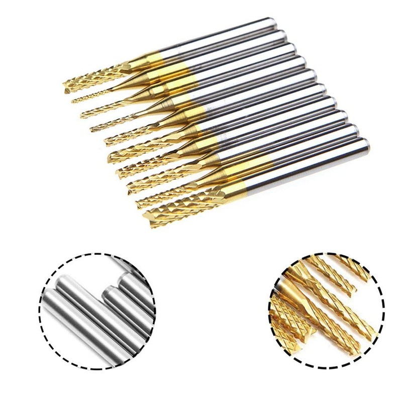Bestgle 10Pcs 0.8-3.175mm Tungsten Carbide Titanium Coat End Mill Engraving