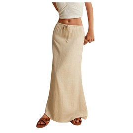 SOLY HUX Women's Summer Maxi Skirt Drawstring Low Waist A Line Casual Skirts Plain Apricot X-Small