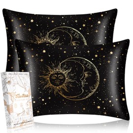Miss Adola Silk Pillowcase 2 Pack - Standard 50x75cm Mulberry Silk Pillow Cases for Hair and Skin with Hidden Zipper Aesthetic Design Pattern Bed Pillow Protector for Women Girls, Black Sun Moon